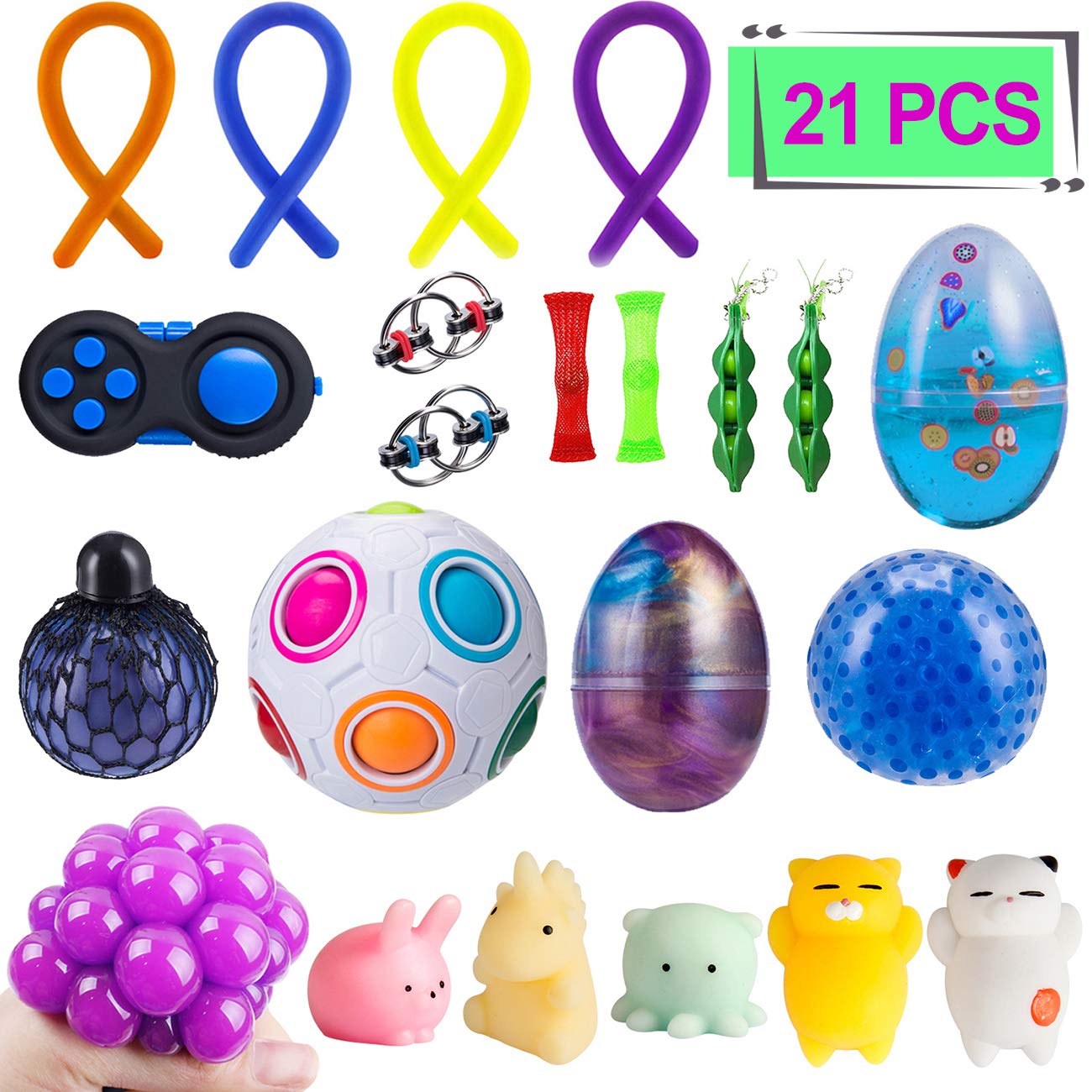 ELONGDI Sensory Fidget Toys Set [ 21 Pack ] Bundle Sensory Toys Set - Fidget Pad/Mochi Toys/Squeeze-a-Bean/Magic Ball/Stretchy Strings/Bike Chain/Mesh Marble/Squeeze Toys/Fluffy Slime