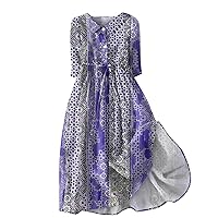 Dresses for Women 2024, Womens Large Color Block Print Lapel Button 3/4 Sleeves Tie Up Sleeve Summer Dress, S, 3XL