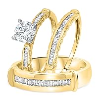 14K Yellow Gold Fn His/Her Wedding Trio Ring Set 1 1/6Ct Round & Baguette Sim Diamond