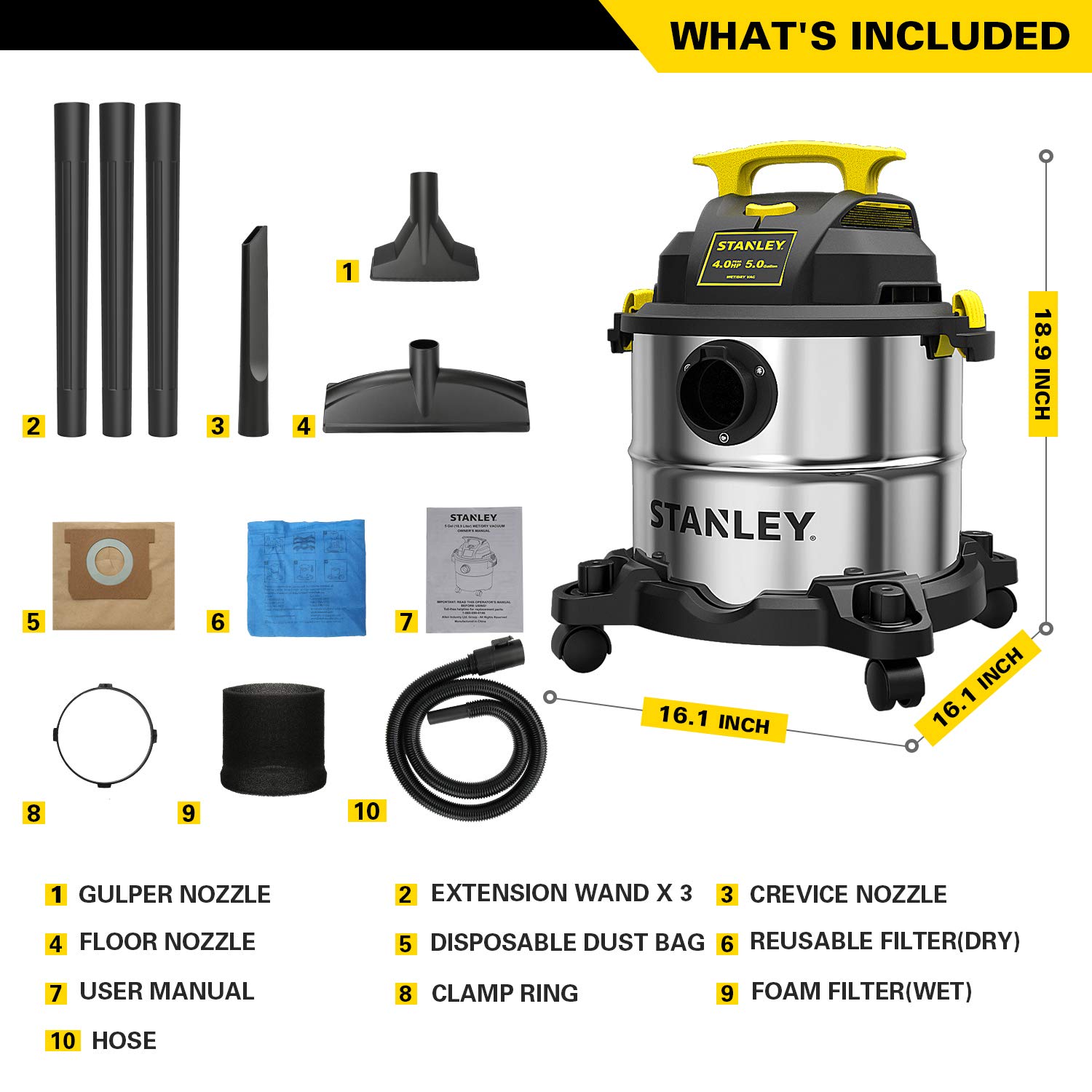 Stanley SL18115 Wet/Dry Vacuum, 4 Horsepower, Stainless Steel Tank, 5 Gallon, 4.0 HP, 50