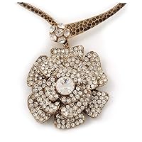 Large Dimensional Diamante 'Flower' Pendant Collar Necklace In Burn Gold Finish - 39cm Length