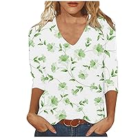 Womens 3/4 Sleeve Summer Ethnic Floral Print Tee Tops Casual V Neck Loose Fit Shirts Fashion Boho Beach Tunic Blouse