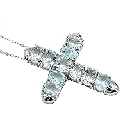 March Birthstone Natural Aquamarine 7X5 MM Oval Round Gemstone 925 Sterling Silver Holy Cross Pendant Necklace Aquamarine Wedding Jewelry Bridal Gift(PD-8316)