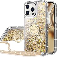 Silverback for iPhone 15 Pro Case, Moving Liquid Holographic Sparkle Glitter Case with Kickstand, Girls Women Bling Diamond Ring Protective Case for iPhone 15 Pro 6.1''- Clear Gold