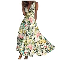 Summer Dress for Women V Neck Flutter Sleeve Flare Sundress Ruched Split Flowy Tiered Maxi Beach Dress