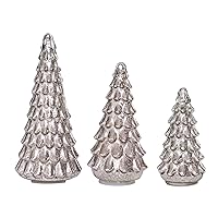 3PCS Christmas Ornaments Tree Set, Tower Shaped Glass Xmas Tree, Mercury Glass Tabletop Christmas Tree Decoration with LED Lights Home Table Decor Festive Gift 11.8in, 10.23in, 7.8in, Silver