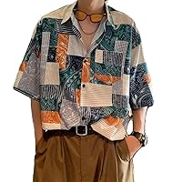 Summer Retro Artistic Style Casual Loose Oversized Lapel Striped Print Versatile Short Sleeved Shirt for Men