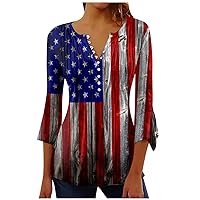 4Th of July Top Womens Petite Tops 3/4 Sleeve Button Henley Neck Blouse America Tshirt Patriotic Tunic Tops Blouses