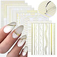 10 Sheets Gold Lines Nail Art Stickers Decal,Metal Geometric Stripe Wavy Line Self Adhesive Nail Decals French Classic Simple 3D Designs Nail Foil Stickers Sliders Manicure Decorations for Women Girls