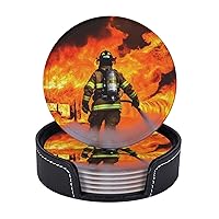 Firefighter Fireman Flame Set of 6 Drink Coasters with Holder Leather Coasters Tabletop Protection Cup Mat for Bar Decorate Cup pad for Coffee Table Kitchen Dining Room