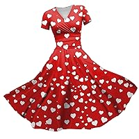 Dresses for Women 2024 Sexy V-Neck Princess Dress Valentines Day Waist Pull Pleated Short Sleeve Dress
