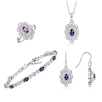 RYLOS Matching Jewelry Set Floral Design: Sterling Silver Tennis Bracelet, Earrings, Ring & Necklace. Gemstone & Diamonds, 7