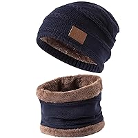 2pieces Mens Winter Beanie Hat Scarf Set Thick Fleece Lined Skull Cap Warm Knit Winter Hats Neck Warmer for Men & Women