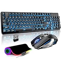 FELICON Rechargeable Wireless Gaming Keyboard and Mouse Combo & Lager Mouse Pad kit Ice Blue Backlit Mechanical Feel 104 Keys Full Keybaord, Queit, Waterproof for Computer PC Mac