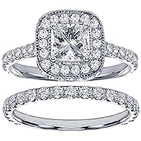 2.10 CT TW GIA Certified Pave Set Diamond Encrusted Princess Cut Engagement Bridal Wedding Set in 18k White Gold
