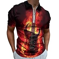Red Guitar Mens Polo Shirts Quick Dry Short Sleeve Zippered Workout T Shirt Tee Top