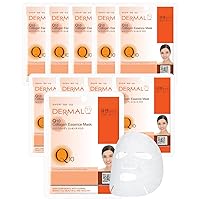 DERMAL Q10 Collagen Essence Facial Mask Sheet 23g Pack of 10 - Coenzyme Q10, Anti Wrinkle and Anti Aging, Skin Elasticity, Daily Skin Treatment Solution Sheet Mask