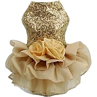 ChezAbbey Pet Costume Ballet Flower Bling Sequins Princess Tutu Tulle Skirt Wedding Dress Outfits Apparel Summer Clothes Puppy Shirt for Small Medium Large Cats Kitty Dog Girls Gold S