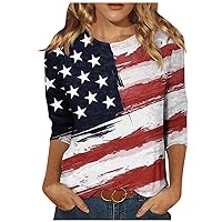 Red White and Blue T-Shirt 3/4 Sleeve Women's Fashionable Casual 4th of July Tops for Women Plus Size Printed Crew Neck Top