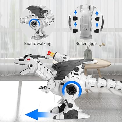 Multifunctional R/C Robotic Dinosaur with Mist Spray and Soft Bullets Shooting, Interactive Electronic Fire Breathing Dragon with Programming, Intelligent Walking T-rex Toy Gift for Kids (White)