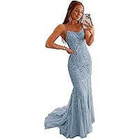 Prom Dressees Spaghetti Strap Lace Applique Tulle Mermaid Backless Bridesmaid Evening Formal Gowns