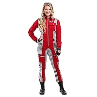 Women's Race Car Driver Jumpsuit Costume, Red Dragster Racer Checkered Team Outfit for Halloween
