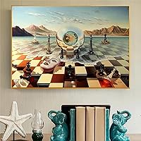 HOLEILUCK Salvador Dali Surrealism Chess Mask On Sea Canvas Prints Painting Wall Art Abstract Weird Gold Frame Prints Picture 90x140cm/35x55inch With-Golden-Frame Ready to Hang