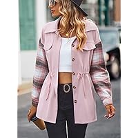 Women's Casual Jacket Fashion Beauty Plaid Drop Shoulder Drawstring Waist Coat Unique Comfortable Charming Lovely (Color : Pink, Size : X-Large)