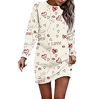 Women's Valentines Dress Long Sleeve Dress Casual Heart Printed Pullover Hip Pack Dress Sweater Spring, S-3XL