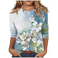 Blusas Casuales De Mujer, 3/4 Sleeve Shirts for Women Cute Flowers Print Tees Blouses Casual Plus Size Basic Tops Pullover