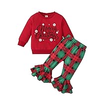 Noubeau Infant Baby Girl Christmas Outfits Santa Letter Sweatshirt Pullover Velvet Bell Bottom Flared Pants Xmas Clothes
