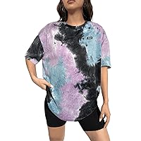Verdusa Women's Tie Dye Summer Tees Half Sleeve Drop Shoulder T Shirt Oversized Top