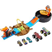 Monster Trucks Stunt Tire Playset with 3 Toy Monster Trucks & 4 Hot Wheels Toy Cars in 1:64 Scale (Amazon Exclusive)