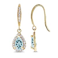 Solid 14K Gold 7x20mm Pear Shaped Genuine Birthstone Fish Hook Dangling Earrings For Women | 6x4mm Round Birthstone | 1mm Created White Sapphire Halo Dangle Earrings For Women