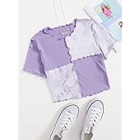 Women's T-Shirt Tie Dye Panel Seam Front Crop Tee (Color : Lilac Purple, Size : Small)
