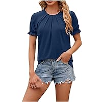 Womens Cute Shirts Summer Casual Tops Short Sleeve Solid Round Neck Blouses Loose Fit Pleated Tunic Vacation Tee