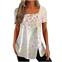 Womens Square Neck Tops 2024 Dressy Casual Short Sleeve T Shirts Button Side Split Tunic Blouses Ladies Summer Clothes