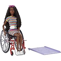 Barbie Fashionistas Doll #166 with Wheelchair and Ramp, Crimped Brunette Hair and Rainbow-Striped Dress with Accessories (Amazon Exclusive)