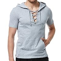Mens Short Sleeve Hoodies Summer Casual Lightweight Sweatshirts Solid Color Bandage Hooded Pullover With Pocket