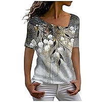 Women's Printed L-Neck Short Sleeve Top Blouse Summer Fashion Casual Tees Basic Loose Comfortable Bottom T Shirt