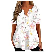 Oversized Tshirts Shirts for Women Button Up Color Block Tops Blouses Short Sleeve Feather Floral Print Tees 2023