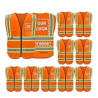 Custom Logo Safety Vest, Class 2 Personalized Reflective Vest with 5 Pockets - 10 Pack (Orange, XL)