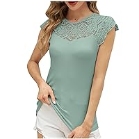 Womens Summer Tops Casual Elegant Solid Color Hollow Out Lace Patchwork Blouses Dressy Cap Sleeve Round Neck T-Shirt
