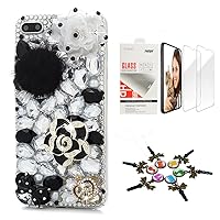 STENES Bling Case Compatible with iPhone 14 Plus Case - Stylish - 3D Handmade [Sparkle Series] Rose Camellia Crown Bowknot Design Cover with Screen Protector [2 Pack] - Black