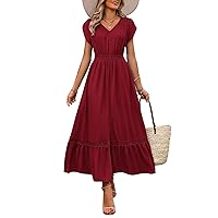 dowerme Women Summer Dresses 2024 Petal Sleeve V Neck Hallow Out Button Down Smocked A-Line Lace Flowy Slit Maxi Dress