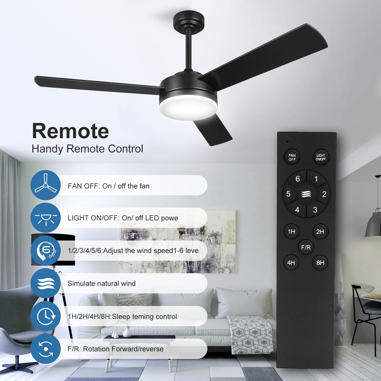 nkorka Black Ceiling Fans with Lights and Remote, Modern Ceiling Fan, Indoor Outdoor Ceiling Fans with Lights, 20W 3-Color LED Light, Noiseless Reversible DC Motor (52)