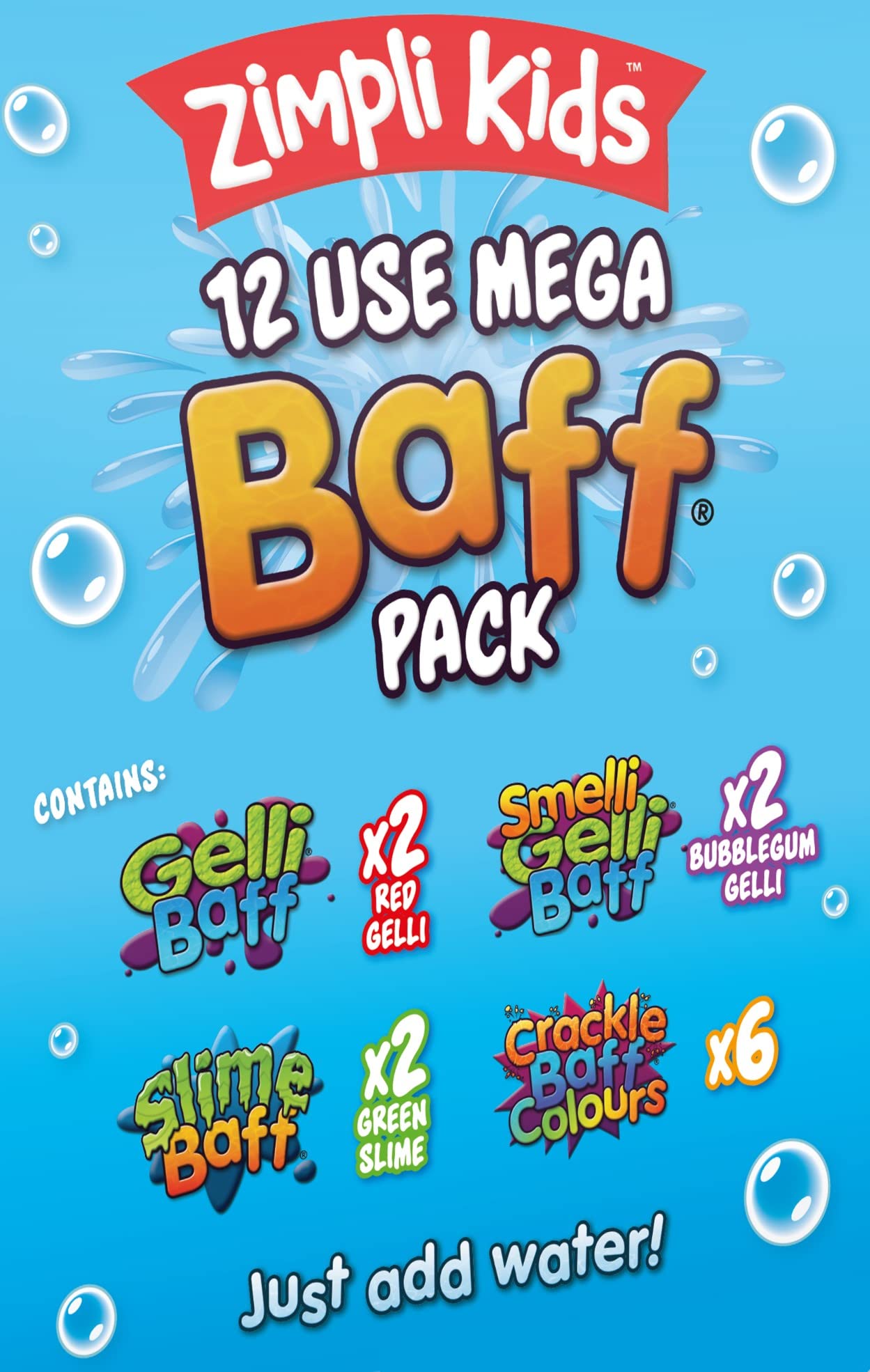12 Use Mega Value Baff Pack from Zimpli Kids, 4 x Gelli Baff, 2 x Slime Baff & 6 x Crackle Baff, Children's Sensory & Bath Toy, Birthday Presents for Boys & Girls, Certified Biodegradable Gift
