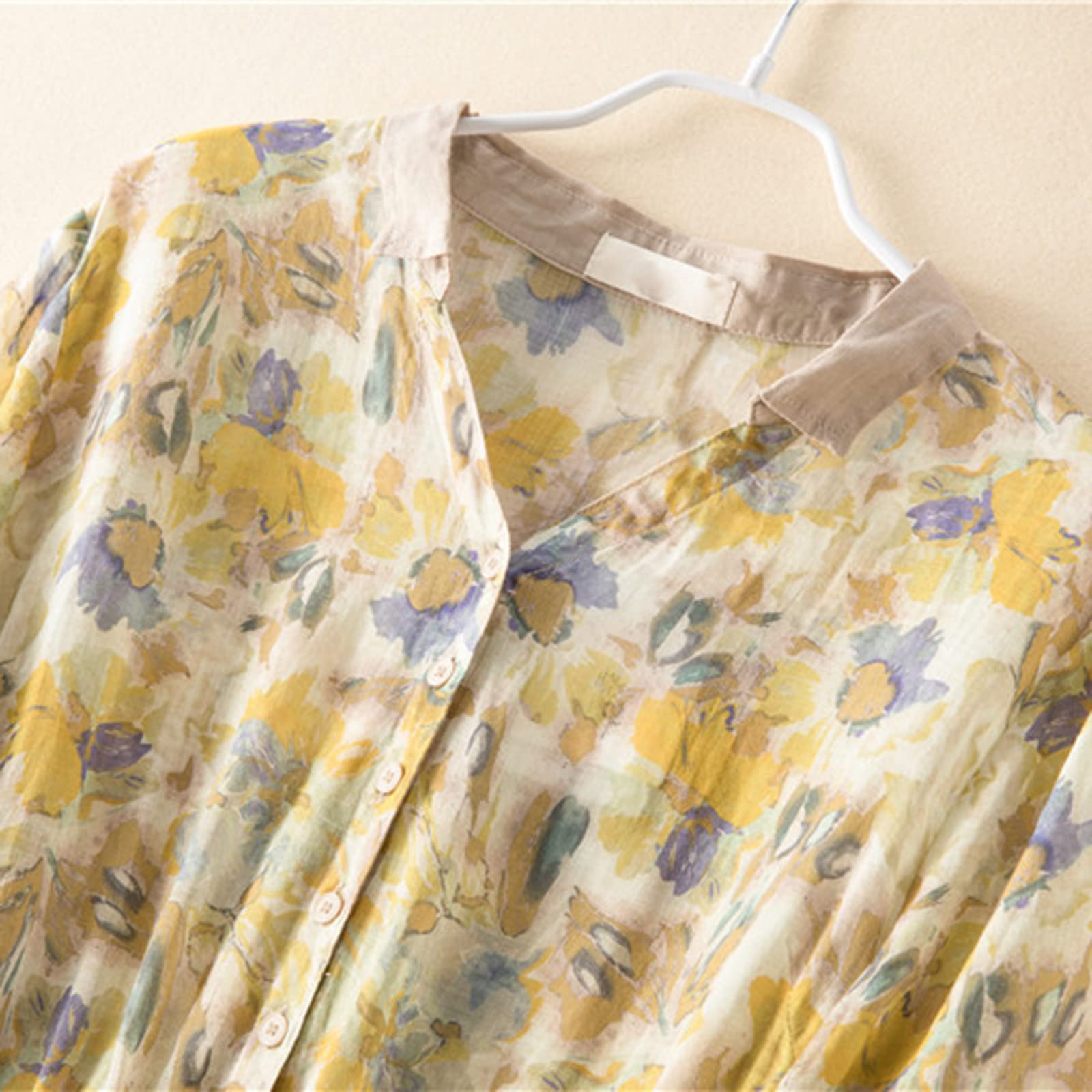 QIGUANDZ Women Korean Style Lace-Up Waist-Defined Henley Shirt Dress Summer Cotton Linen Half Sleeve Casual A-Line Dresses