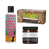 Premium African Black Soap, Natural Black Seed and Carrot Rosemary Hair Growth Oil Formula and Silk Butter for Hair and Body