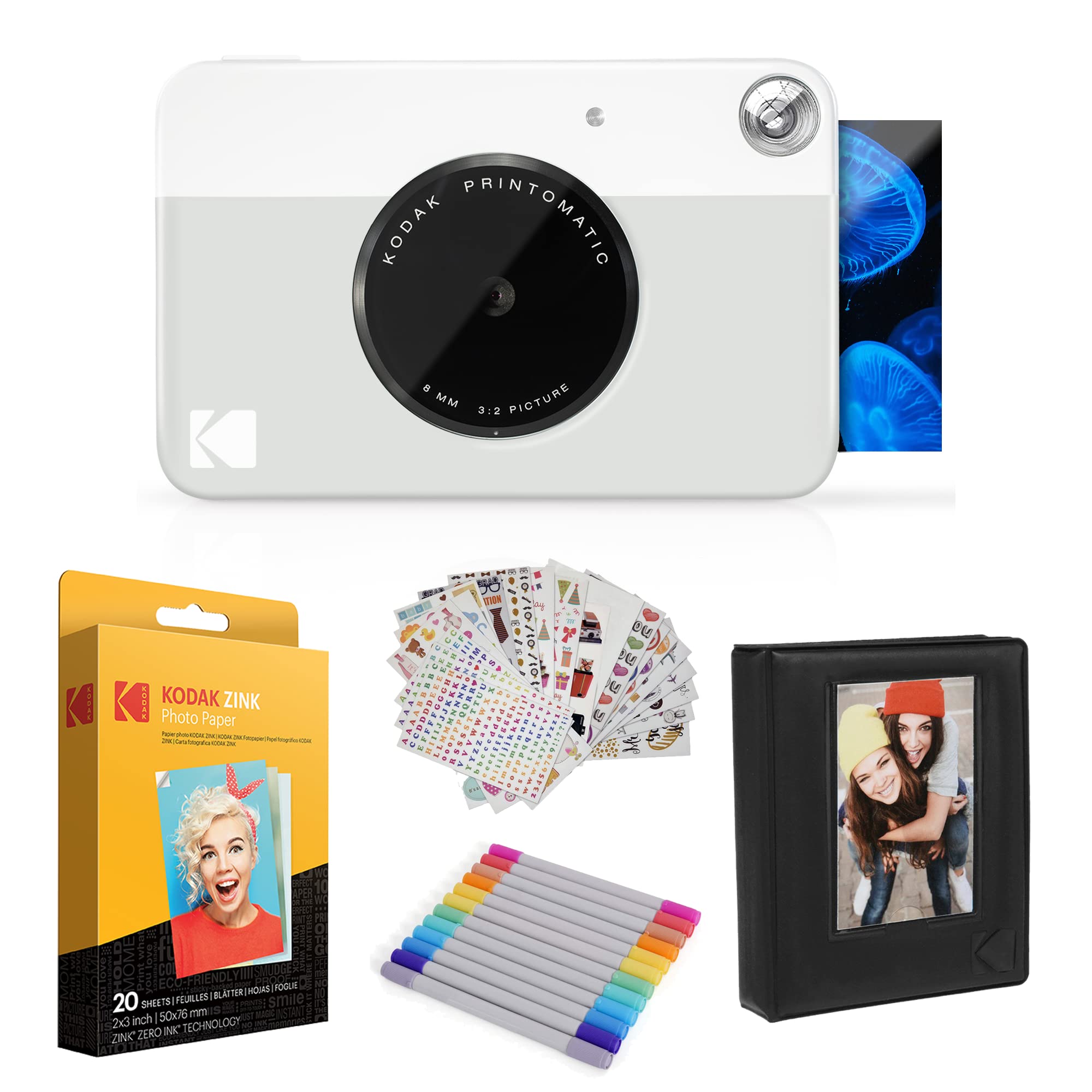 Kodak Printomatic Instant Camera (Grey) Gift Bundle + Zink Paper (20 Sheets) + Deluxe Case + 7 Fun Sticker Sets + Twin Tip Markers + Photo Album.